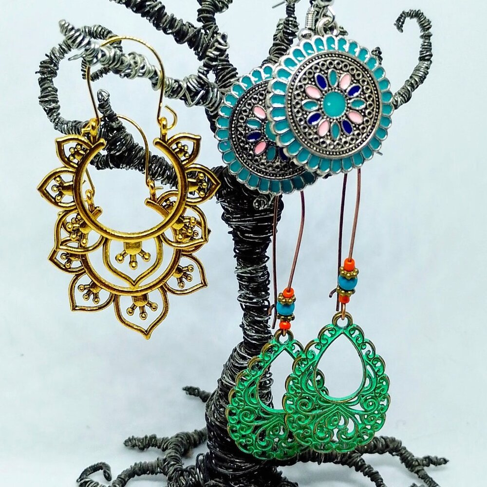 SALE! 3 PAIR EARRINGS, Ethnic SILVERY, BRONZE, PATINATED Blue Bunny BOHO BAUBLES
